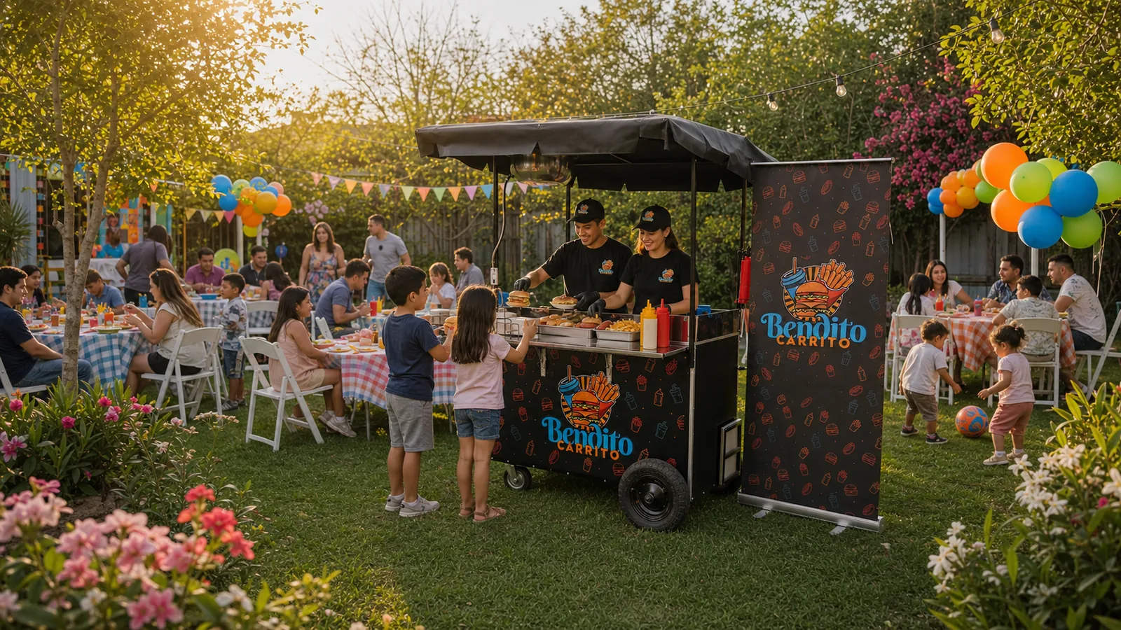 Bendito Carrito atendiendo a niños y familias en una celebración al aire libre