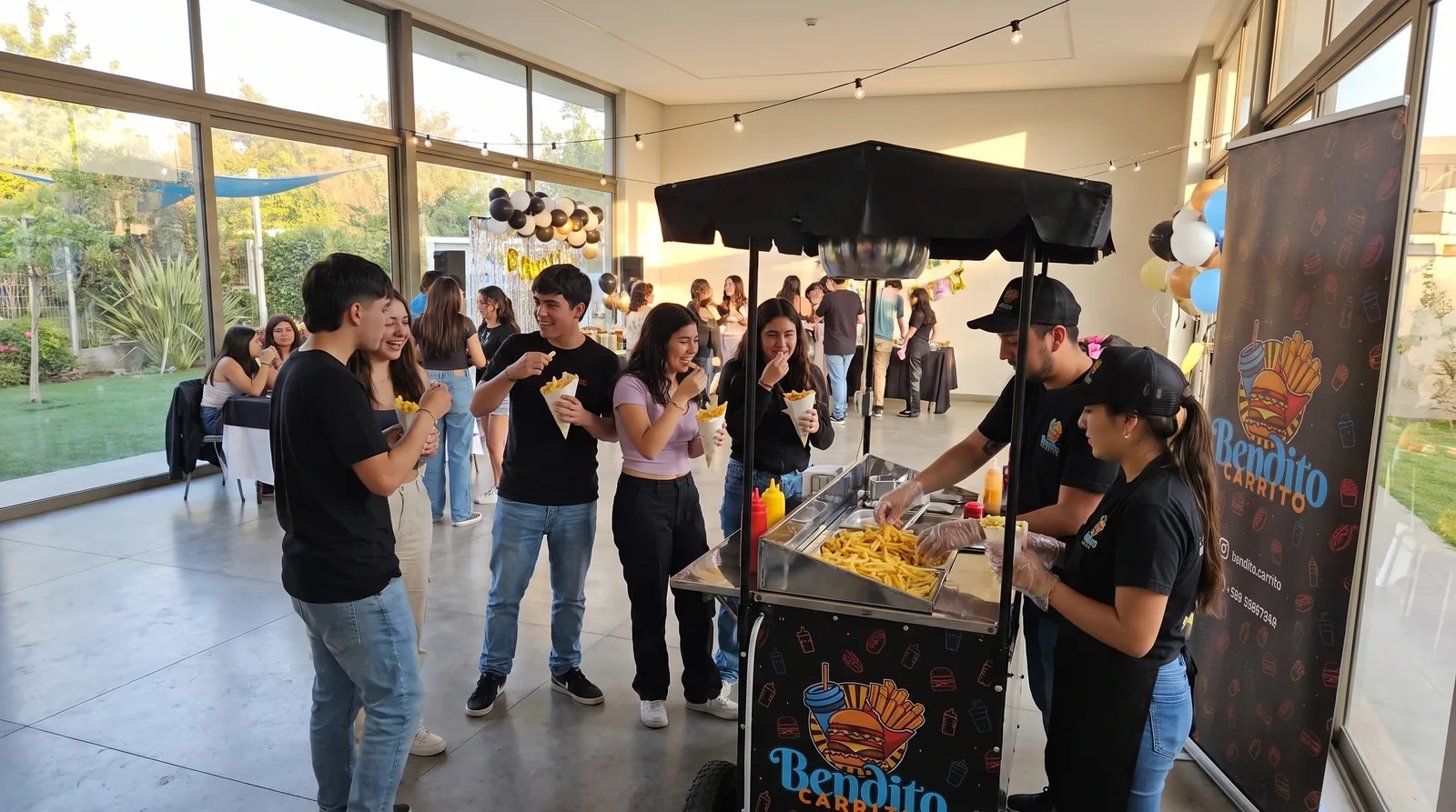Grupo de jóvenes disfrutando papas fritas en una fiesta