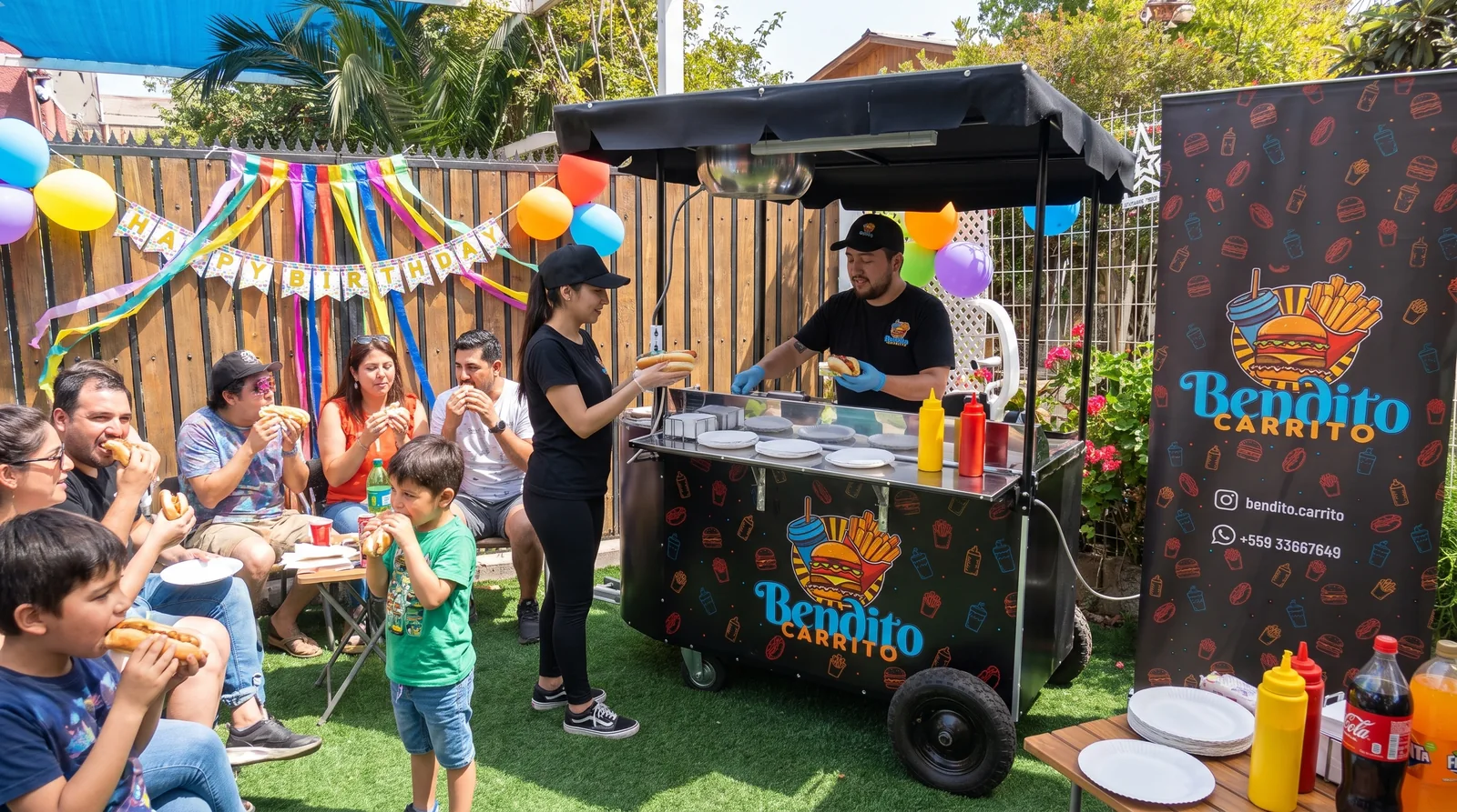 Invitados compartiendo completos recién preparados